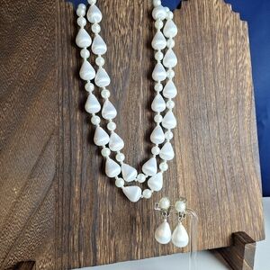Vintage White Satin Bead Necklace Earrings Set Double Strand With Faux Pearls